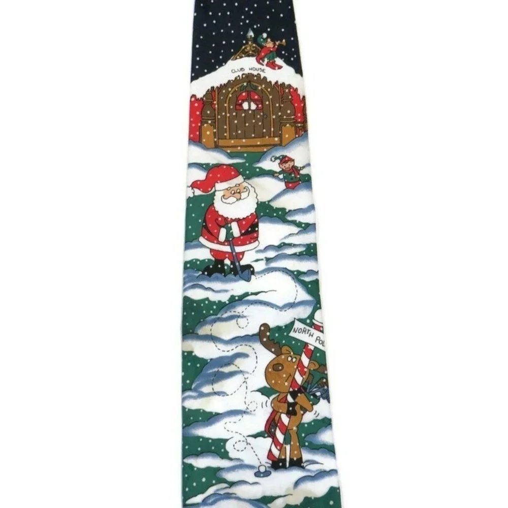 Hallmark Santa Clause Reindeer North Pole Christmas Neck Tie Green Holiday - Picture 2 of 6